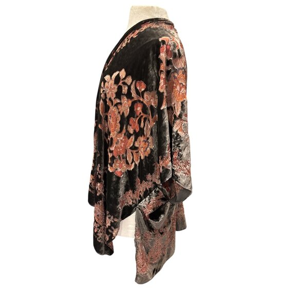 Faneur Floral Velvet Open Front Kimono Jacket One Size Black & Burnt Orange - Picture 2 of 7